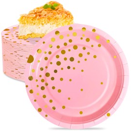 Imbsinvncy Paper Dessert Plates 7 Inch, Pink and Gold Party Plates Disposable (50-Count), Gold Dot Paper Cake Plates, Paper Plates for Party, Birthday, Wedding, Engagement, Anniversary, Beautiful Party Supplies