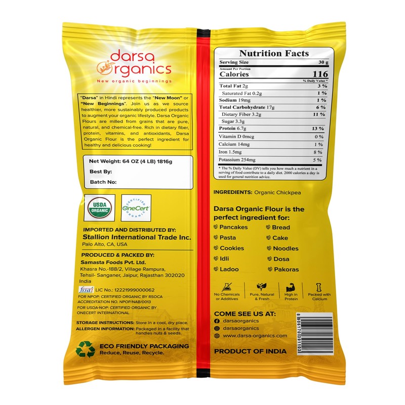 Darsa Organics Gram Flour - 2 lb Besan Flour, USDA