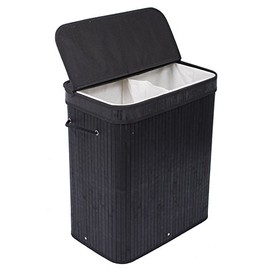 BIRDROCK HOME Double Laundry Hamper with Lid and Cloth Liner - Bamboo - Black - Easily Transport Laundry Basket - 2 Section Collapsible Hamper - String Handles