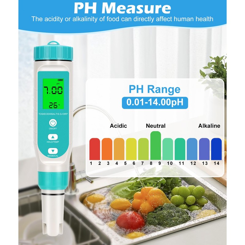 WADEO TDS Meter, 7 in 1 Water Tester for PH/TDS/EC/salinity/S.G/ORO/Temperature,
