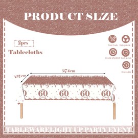 COSORO 2pcs Rose Gold Happy 60th Birthday Table Cloth,137*274cm 60th Tablecloth for Women 60th Birthday Table Decorations,Plastic Tablecloths Table Cover for Adults Her 60th Birthday Decorations