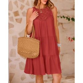 BTFBM Women Summer Halter Dresses Casual Spring 2025 Sleeveless A-Line Tiered Swing Mini Dress Beach Vacation Sundress(Rust Red, Small)