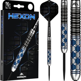Mission Darts Hexon Darts 90% Tungsten Barrel Steel Tip Premium Dart Set, Blue PVD, Shafts and Flights, 21g (D1637)