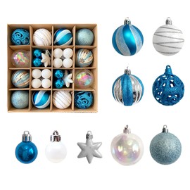 Christmas Tree Baubles Decoration Blue & White 44ct 6cm Xmas Tree Baubles Decoration Ball Ornaments Hanging Baubles Shatterproof Glitter Decoration Pendant for Holiday Home Party Decor