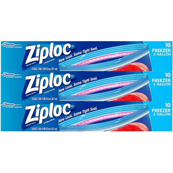 Ziploc Two Gallon Food Storage Freezer Bags, Grip 'n Seal Technology for Easier Grip, Open, and Close, 10 Count, Pack of 3 (30 Total Bags)