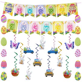 27 PCS Easter Decorations- Happy Easter Banner Egg Garland - Bunny Swirl,Prestrung Hanging Decor for Easter Day, Home,Classroom, Door,Mantel Decoration