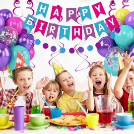 Purple Pink Blue Birthday Decorations for Girls Women with Hot Pink Metallic Purple Teal Yellow Banner Balloons Hanging Swirls Tissue Paper Pompoms and Circle Dots Garland