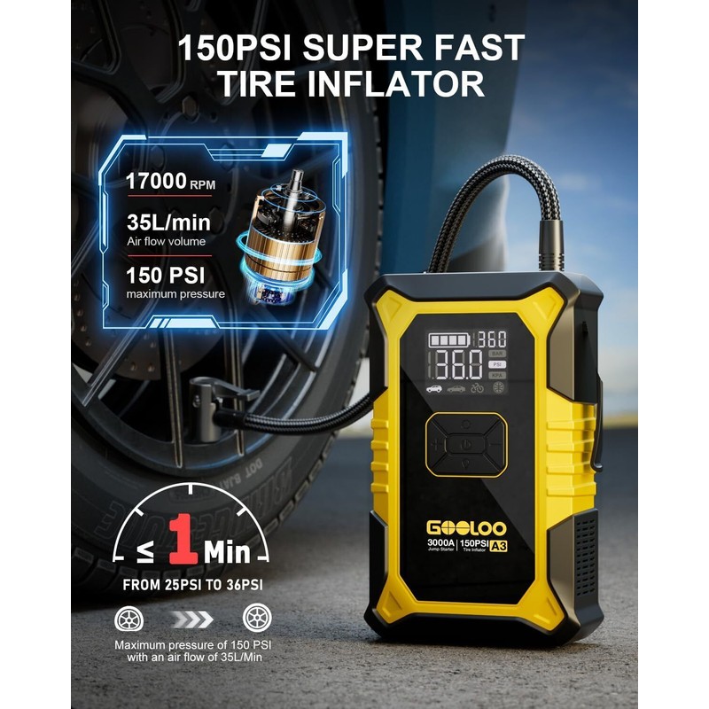 GOOLOO A3 Jump Starter with Air Compressor 3000A Portable Car