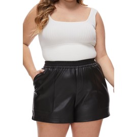Fahsyee Plus Size Black Shorts - Faux Elastic High Waisted Leather Short for Women PU Pleather Casual with Pockets 3X