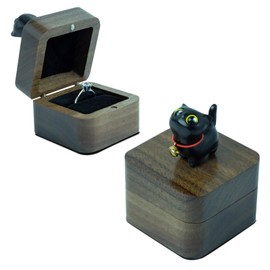 Tentogala Hand-Carved Cat Wooden Ring Box - Magnetic Closure Wedding & Engagement Jewelry Gift Box ﻿(Black Cat)