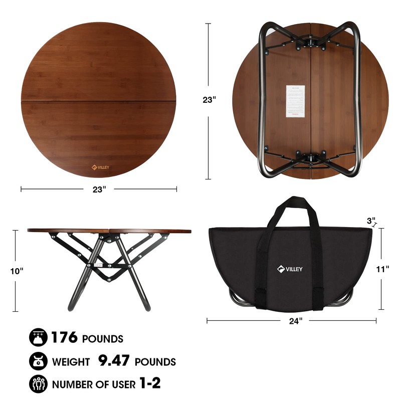 VILLEY Bamboo Round Folding Table, Camping Half-fold Portable Table with