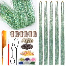 CelineBella Green Hair Tinsel Fairy Hair Extensions Kit Sparkling Shiny Highlights Glitter Light Green Tinsel Hair Extensions for Women Girls Children