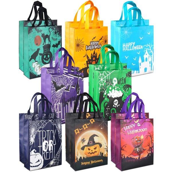 PARSUP 16PCS Halloween Trick or Treat Bags,Halloween Tote Bags with Handles, Metallic Gift Bags, Non-Woven Halloween Bags for Gifts Wrapping, Trick or Treat, Halloween Party Supplies, 15"×13.9"×3.9"