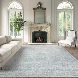 Madane 9x12 Area Rugs for Living Room, Machine Washable Rug with Anti-Slip Backing, Soft Vintage Large Area Rug, Floral Print Floor Carpet for Bedroom Dining Room (9 x 12, Light Grey)