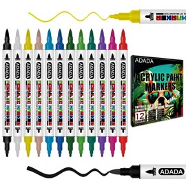 ADADA 12 Colors Acrylic Paint Markers, Dual Tip Acrylic Paint Pens with Fine Tip & Brush Tip and 40% Additional Ink for Wood, Rocks, Canvas, Paper, Colouring Books, Fabric, Glass, DIY Crafts