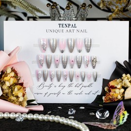 TNEPAL Short Almond Press on Nails Pink Silver Stiletto Fake Nails With 3D Charms 24pcs/Box Nude Full Cover Stick on Nails Glitter Designs Glossy False Nails For Women Girls
