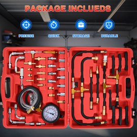 GOOACC Fuel Injection Pressure Tester Kit - 0-140 PSI Gasoline Pump Diagnostic Tool with Schrader Valve Adapters & Relief Button for Car Motorcycle Truck