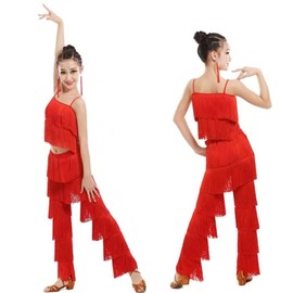Women's Latin Tassel Dance top and Pant 2 Piece Sets for Ballroom Rumba Tango Salsa(Red M)