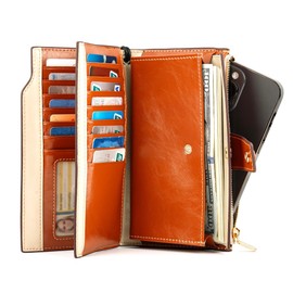 ANDOILT Women's RFID Blocking Large Capacity Luxury Wax Genuine Leather Clutch Wallet Card Holder Organizer Ladies Purse (Creamy White & Hole Pattern)