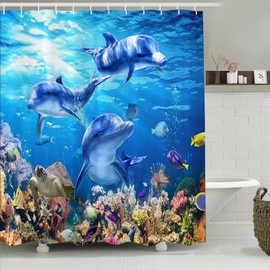 Simpomsy Dolphin Bathroom Curtains, Underwater Shower Curtain 180x180cm - Blue Ocean Theme