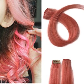 Belaved Colored Hair Extensions Straight Hairpiece 16inch 2 Pcs Pink Colorful Clip in Hair Extensions Long Straight 100% Natural Human Hair Clip in Hairpieces for Women Girls Daily Party Cosplay