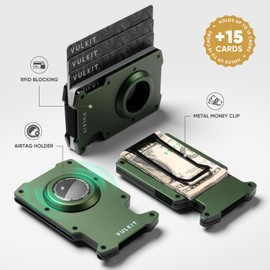 VULKIT Credit Card Holder with Money Clip, Slim Aluminum Metal Wallet with Airtag Holder, RFID Blocking Card Case, Wallet for Men, Airtag Green, Minimalist