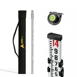 AdirPro 14-Foot Aluminum Grade Rod – 8ths, Dual Sided 5-Section Telescopic Leveling Rod – Bubble Level and Soft Carrying Case Included