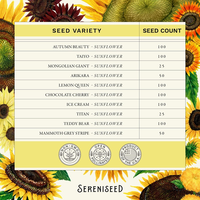 Sereniseed Sunflower Seeds Collection (10-Pack) – 100% Non GMO, Open