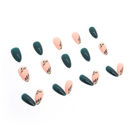 Green Press on Nails Medium Almond Fake Nails with Designs Leaf Gold Line False Nails Press ons Glossy Full Cover Glue on Nails Cute Acrylic Nails Artificial Stick on Nails for Women 24 Pcs