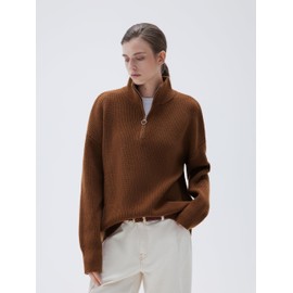 SUUKSESS Women Cashmere Oversized Quarter Zip Pullover Sweater Long Sleeve Collared Ribbed Knit Jumper Tops (Caramel, XS)