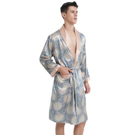 Haseil Men's Luxurious Kimono Robe with Shorts Silk Satin Bathrobes Lightweight Long Sleeve Sleepwear Set, Blue, Tagsize3XL=USsizeL
