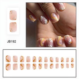 Flower Press on Nail Short Square Fake Nails Nude Glue on Nails with Wave Design Glossy Nails Press ons Spring Summer Acrylic Nails Floral Full Cover False Nails for Women Girls 24 Pcs