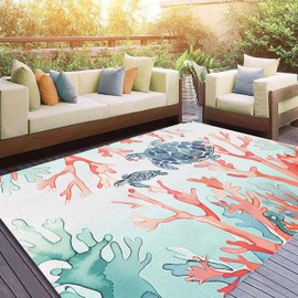 Ocean Coral Rugs,5x7ft Beach Carpet Red Blue Coral and Green Seaweed Printed Rugs,Ocean Themed Carpet for Bedroom Living Room Children's Room Cute Pink Non Slip Floor Mats
