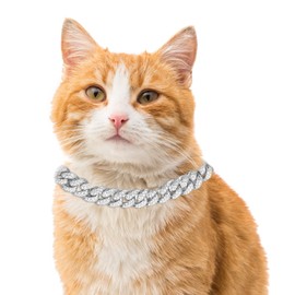 Halukakah Cat Collar - Carat - Iced Out Diamond Cuban Link Gold Chain for Cats & Kittens - Platinum Plated 14" Collar Size - for Decoration Only - Get Your Cat Catwalk Ready