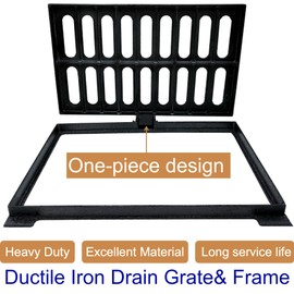 DuuMuut Cast Iron Drain Grate and Frame, 20x12 Outdoor Drain Cover with Base, B Class Sewer Grate, Durable Heavy Duty Channel Grate, Black Rectangle Drainage Grate for Driveway, Concrete, Yard