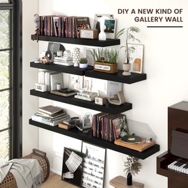 Venusmiles Floating Shelves for Wall, Large Wall Mounted Shelves with Invisible Brackets, Long Wood Floating Wall Shelf Shelves for Living Room, Bedroom, Kitchen, (Black, 36" W x 12" D x 2" H)