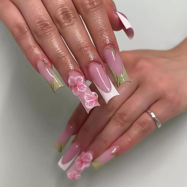 OHWODA Long Press on Nails with 3D Floral Designs, Pink