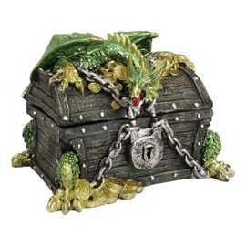 Ebros Gift Green Gold Treasure Dragon Perching On Chained Pirate Chest Decorative Trinket Jewelry Box Figurine 6" Long Medieval Renaissance Winged Alchemy Dungeons Dragons