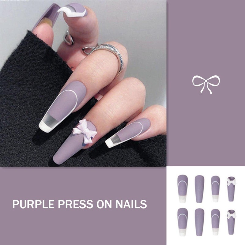 Bufenia 24 Pcs False Nails Coffin Ballerina Bow Tie Matte