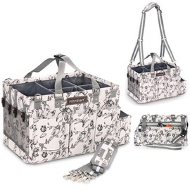 FifthStart Cleaning Caddy Organizer with Handle & Waist/Shoulder Straps - 9 Compartments & Mesh Base - Portable Cleaning Supply Caddy with Waste Bag Dispenser (Beige Floar, Large)