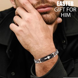 Easter Basket Stuffers, Mens Easter Basket Stuffers Cross Bracelet Christian Gifts for Men Cuban Link Chain with Faith Quote Engraved Anniversary Christmas Jewelry