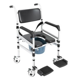 Commode Wheelchair Padded Shower Chair with Bucket & Soft Backrest Rolling Folding Bedside Commode Adjustable Height Shower Commode Chairs for Senior & Handicap, Capacity 352.74 lbs