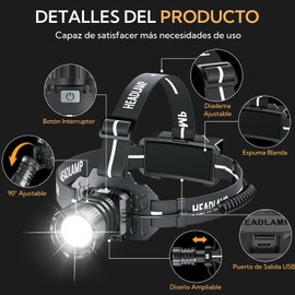 Lámpara de Cabeza USB recargable, Lampara de Cabeza de Inducción LED, Linterna Frontal Recargable y Impermeable con Luz Roja de Advertencia, para Cámping, Montañismo, Correr, Senderismo, Ciclismo,etc