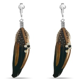 Aloha Earrings-Clip On Tassel Earrings-Dangle Clip On Earrings Silk Tassel Long Clip Earrings Bohemian (Black Feathers)