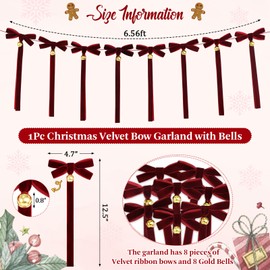 Christmas Red Velvet Bow Garland Banner with Jingle Bells, Ribbon Bows and Bells Banner Christmas Bow Garland Hanging Ornaments for Home Mantel Fireplace Wall Staircase Xmas Tree Decor