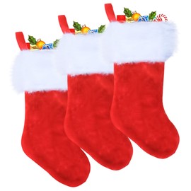 POPOYU 3Pcs Luxury Plush Red Christmas Stockings Set,Extra Thick Red Velvet Large Christmas Socks with White Soft Plush Cuff,Hanging Sack Xmas Fireplace Decorations for Christmas Home Party Supplies