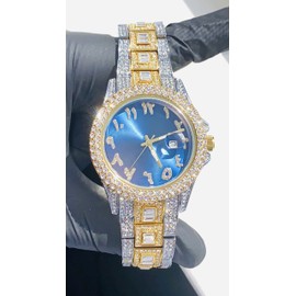 Men's Round Gold Silver 2 Tone Blue Arabic Dial Wrist Watch Band Luxury Baguette CZ Diamond Iced Bracelet Watch Roman Numeric Dial Watch Men Women Hip Hop Rapper Choice, Custom Fit, Bust Down Watch