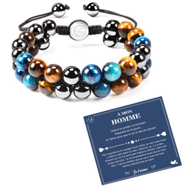 CheersLife Gift for Husband Christmas Gifts for Men Christmas for Boyfriend Anniversary Men's Bracelet with Black Blue Tiger Eye Hematite Natural Stone Bead Bracelet for Men FR, Bead