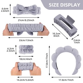Tiny Chou 5pcs Spa Headband and Wrist Bands Set for Washing Face, Terry Cloth Puffy Makeup Facial Skincare Headbands for Women, Soft Hair Face Wash Accessories, Grey