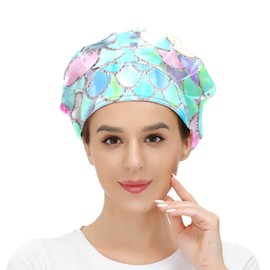 MUKJHOI Adjustable Working Caps, Colorful Watercolor Mermaid Scale Pattern Tie Back Cover Hair Bouffant Hats Sweatband for Women Men, One Size Fit All